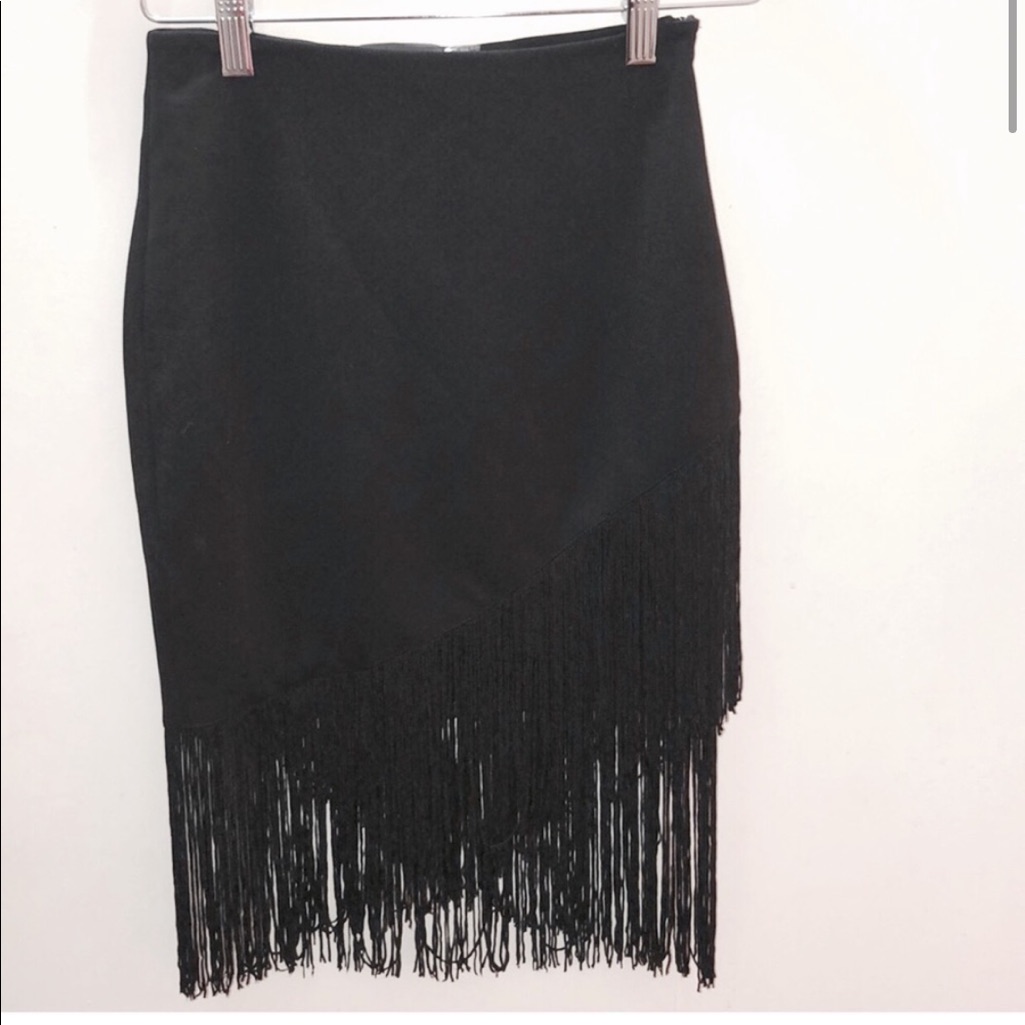 Nwt Astr Pencil Skirt, Fringe Hem, Black, Size Xs